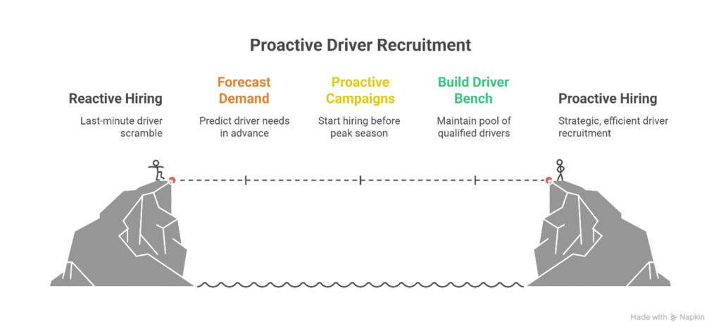 Seasonal Driver Recruiting: How to Prepare for Peak Freight Periods Without Burnout - StaffWorthy Infographic illustrating proactive seasonal driver recruiting, showing the shift from reactive hiring to strategic hiring through forecasting and planning.